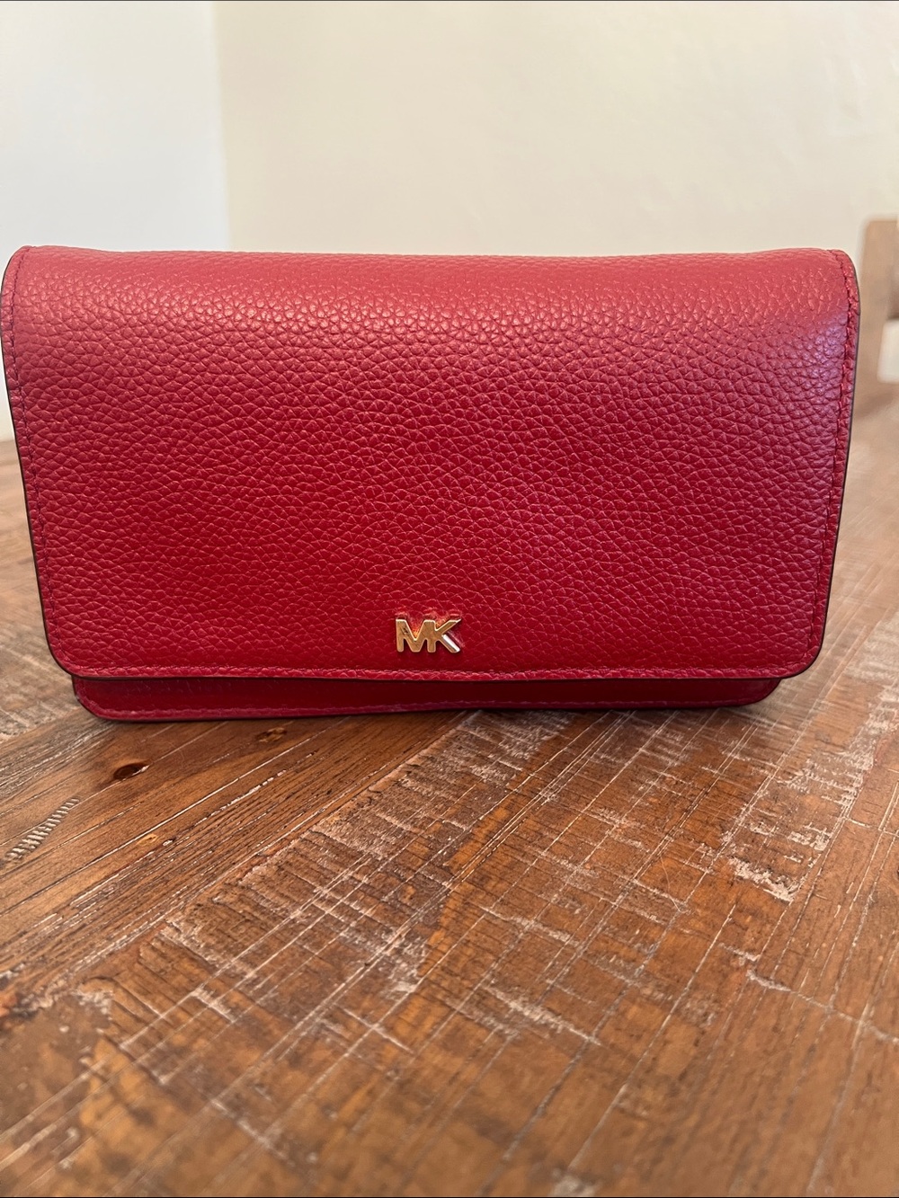 Michael Kors Mott Pebbled Leather Phone Crossbody Wallet Red with Gold MK Accent